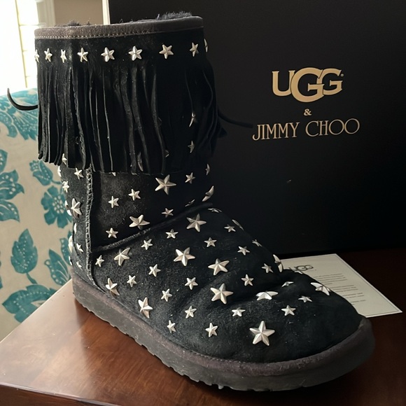 UGG & Jimmy Choo black fringe shearling star studded boots with original box - Picture 5 of 17